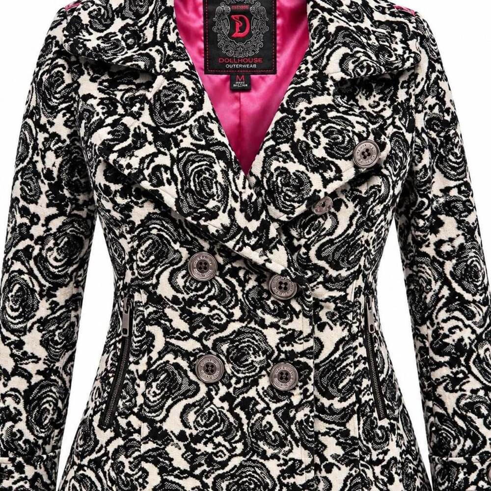 Dollhouse Outerwear Rose Print Double Breasted Coat Size M Black Ivory